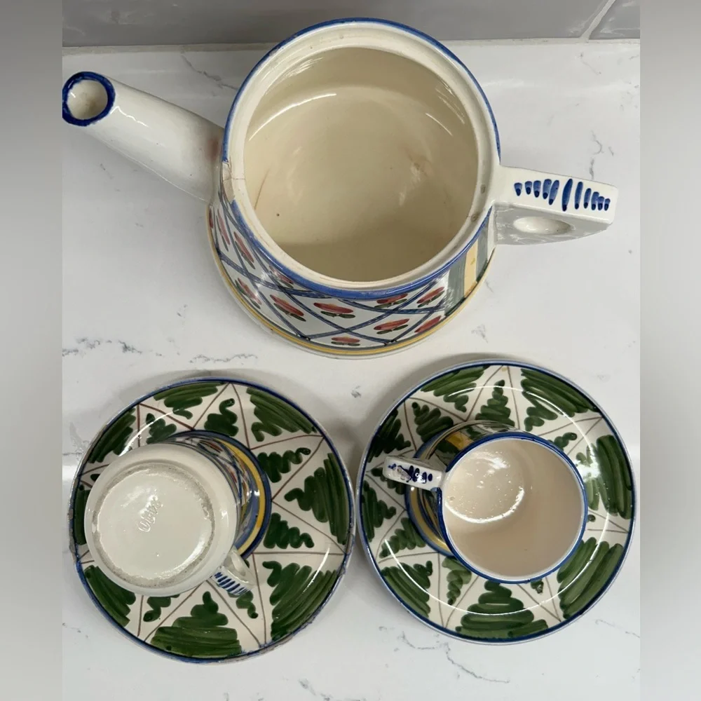 Ceramic Vintage Tea Pot Set w/ Creamer, 2 Cups & Saucers in Green, Red & Yellow